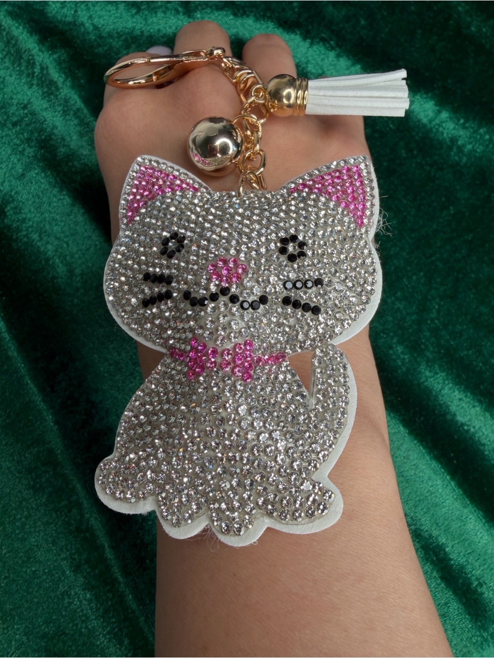 Crystal Cat Keychain Charm - White & Pink Rhinestone Pet Accessory - Picture 3 of 4